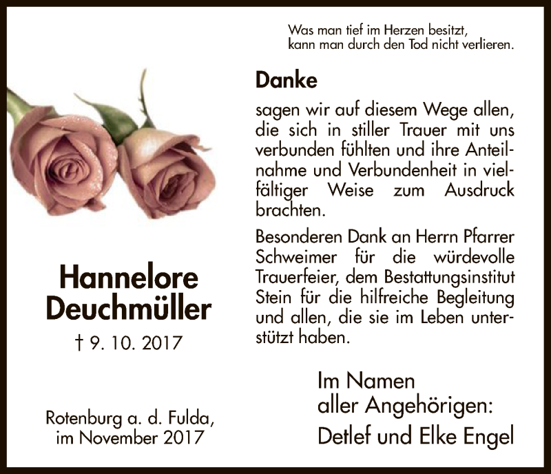  Traueranzeige für Hannelore Deuchmüller vom 04.11.2017 aus HNA