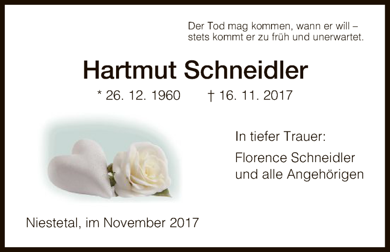  Traueranzeige für Hartmut Schneidler vom 20.11.2017 aus HNA