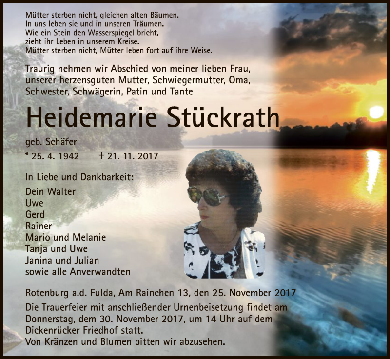  Traueranzeige für Heidemarie Stückrath vom 25.11.2017 aus HNA