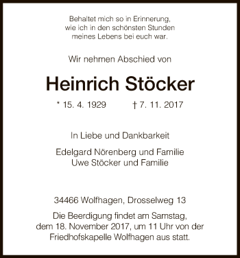 Traueranzeige von Heinrich Stöcker von HNA