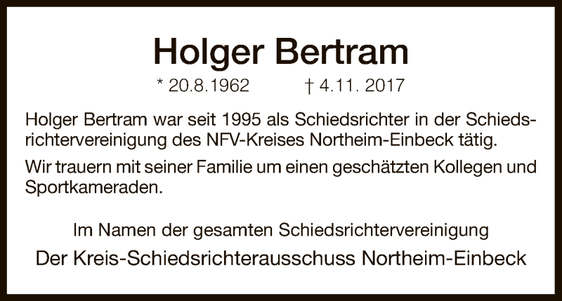  Traueranzeige für Holger Bertram vom 18.11.2017 aus HNA