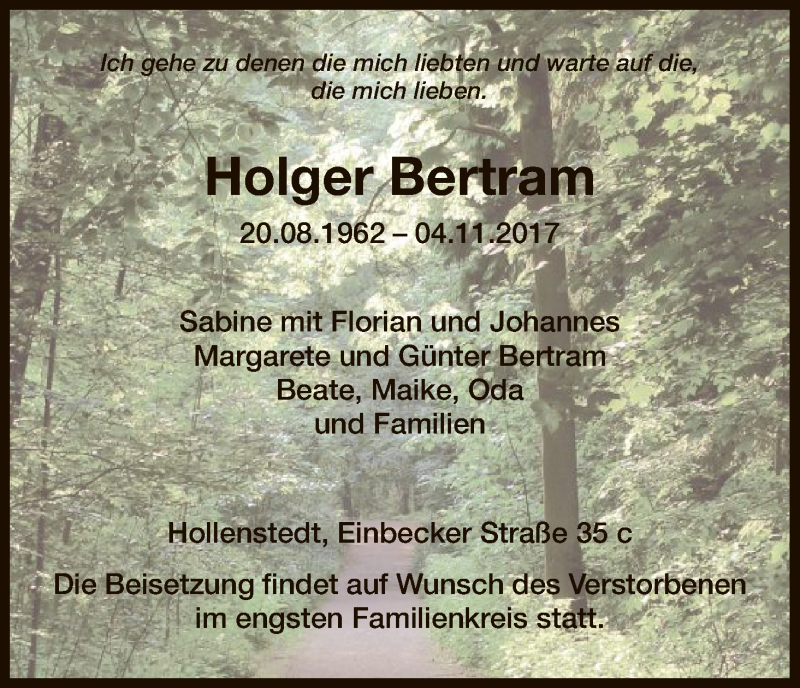  Traueranzeige für Holger Bertram vom 10.11.2017 aus HNA