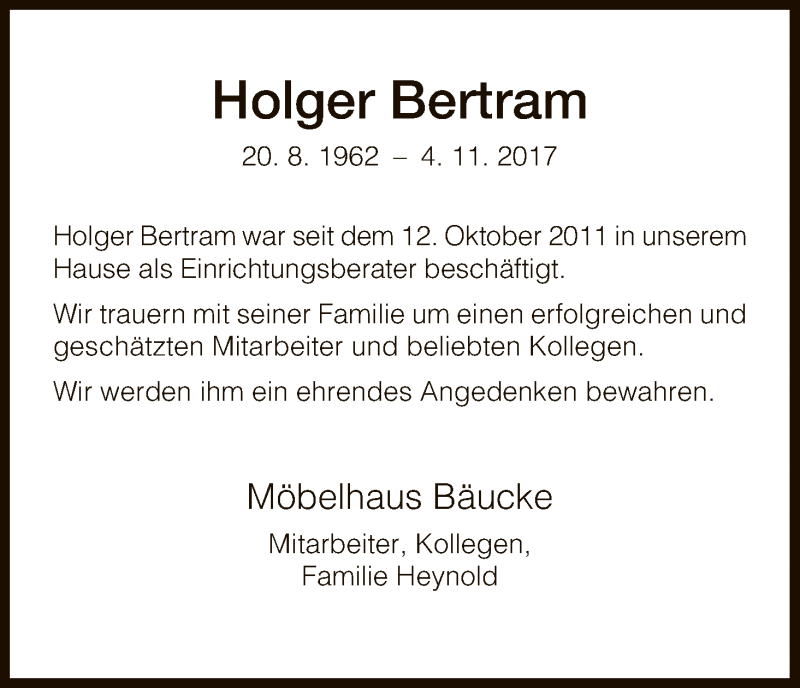  Traueranzeige für Holger Bertram vom 11.11.2017 aus HNA