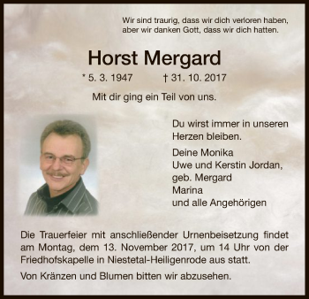 Traueranzeige von Horst Mergard von HNA