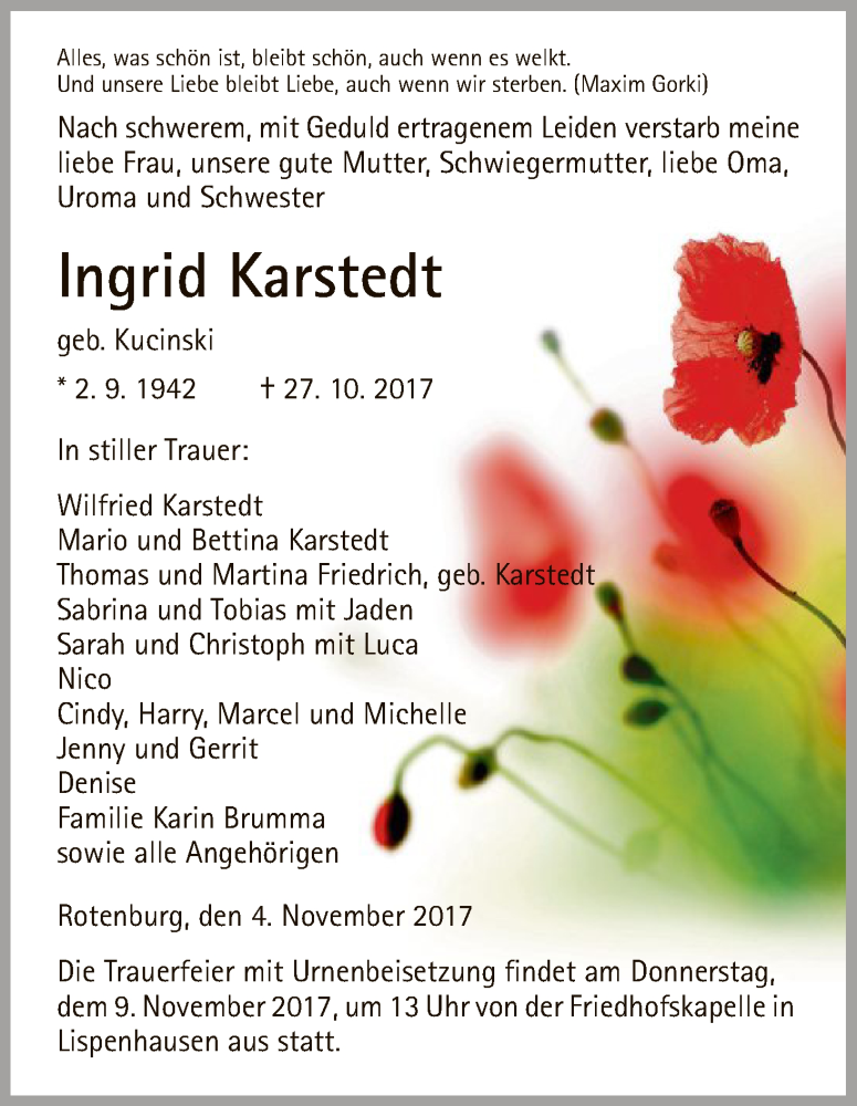  Traueranzeige für Ingrid Karstedt vom 04.11.2017 aus HNA