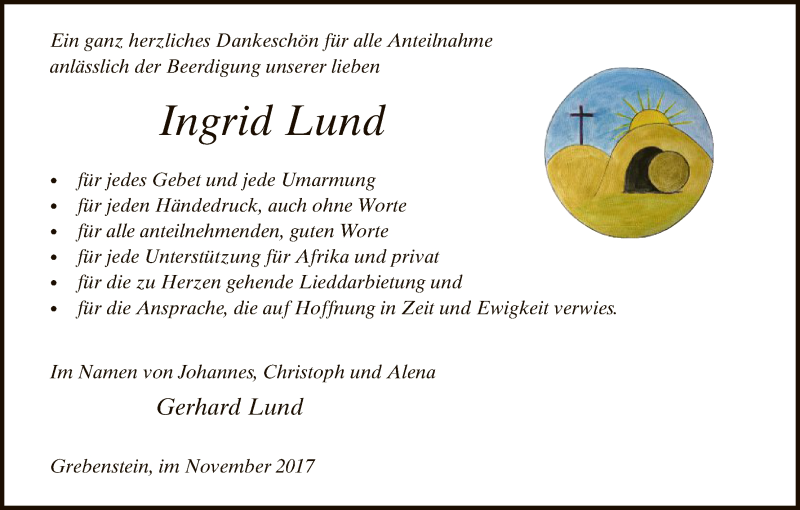  Traueranzeige für Ingrid Lund vom 04.11.2017 aus HNA