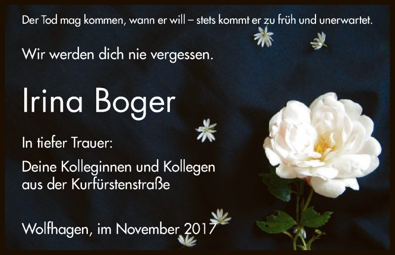 Traueranzeige für Irina Boger vom 18.11.2017 aus HNA