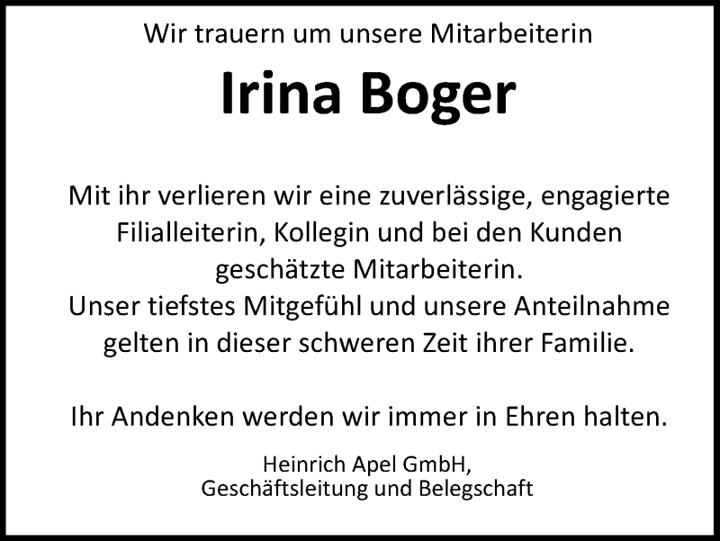  Traueranzeige für Irina Boger vom 20.11.2017 aus HNA