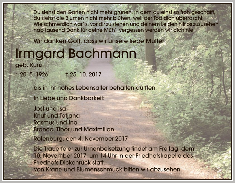  Traueranzeige für Irmgard Bachmann vom 04.11.2017 aus HNA