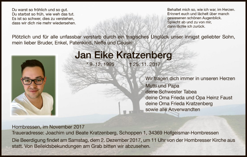  Traueranzeige für Jan Eike Kratzenberg vom 30.11.2017 aus HNA