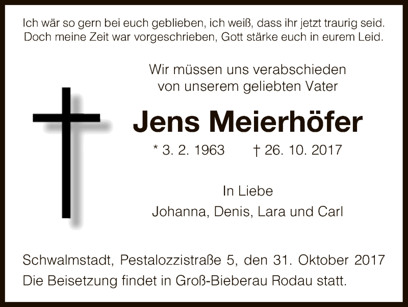  Traueranzeige für Jens Meierhöfer vom 31.10.2017 aus HNA
