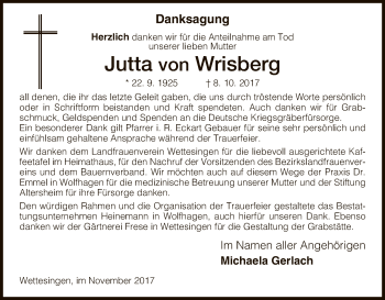 Traueranzeige von Jutta von Wrisberg von HNA