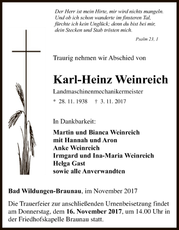 Traueranzeige von Karl-Heinz Weinreich von HNA