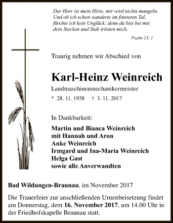 Traueranzeige von Karl-Heinz Weinreich von HNA