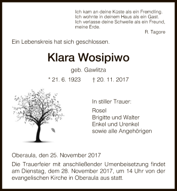 Traueranzeige von Klara Wosipiwo von HNA