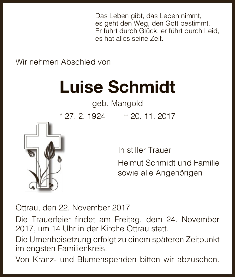  Traueranzeige für Luise Schmidt vom 22.11.2017 aus HNA