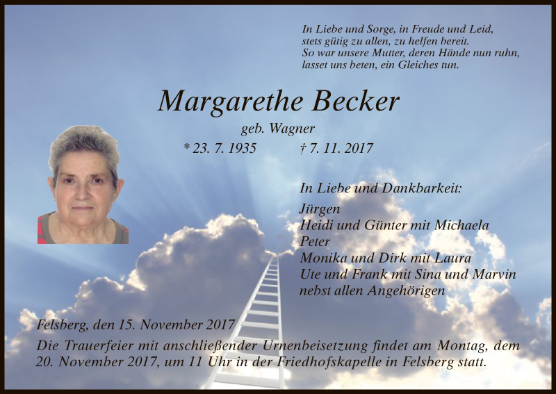  Traueranzeige für Margarethe Becker vom 15.11.2017 aus HNA
