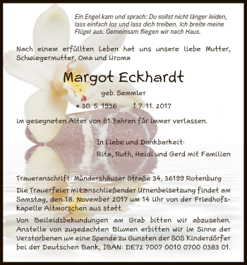 Traueranzeige von Margot Eckhardt von HNA
