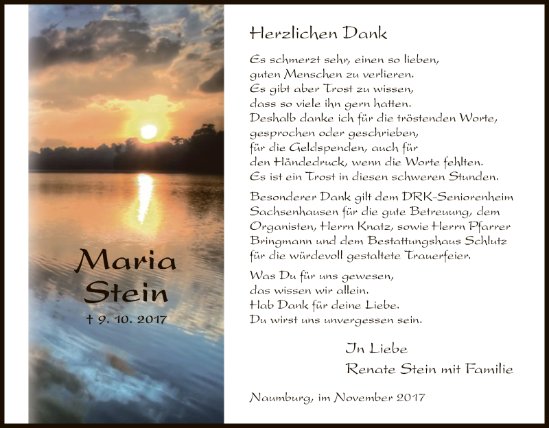  Traueranzeige für Maria Stein vom 04.11.2017 aus HNA