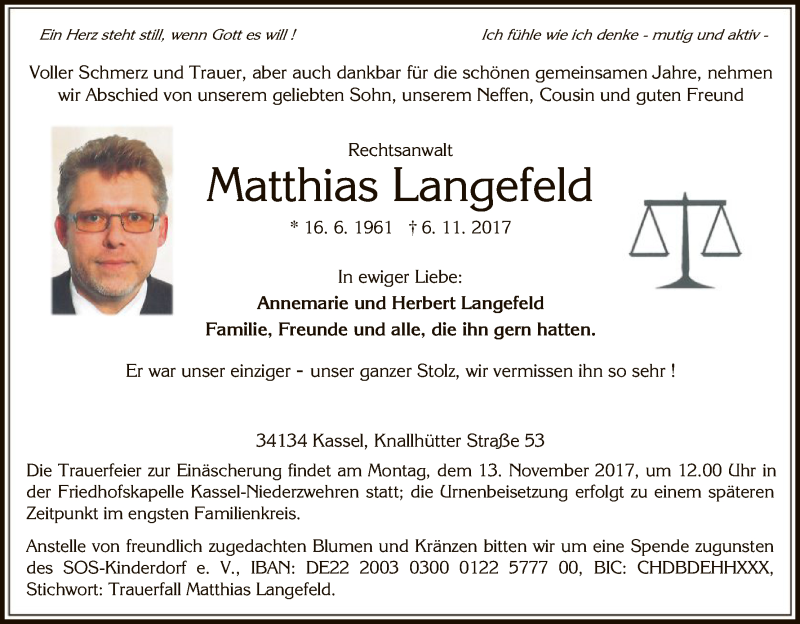  Traueranzeige für Matthias Langefeld vom 10.11.2017 aus HNA