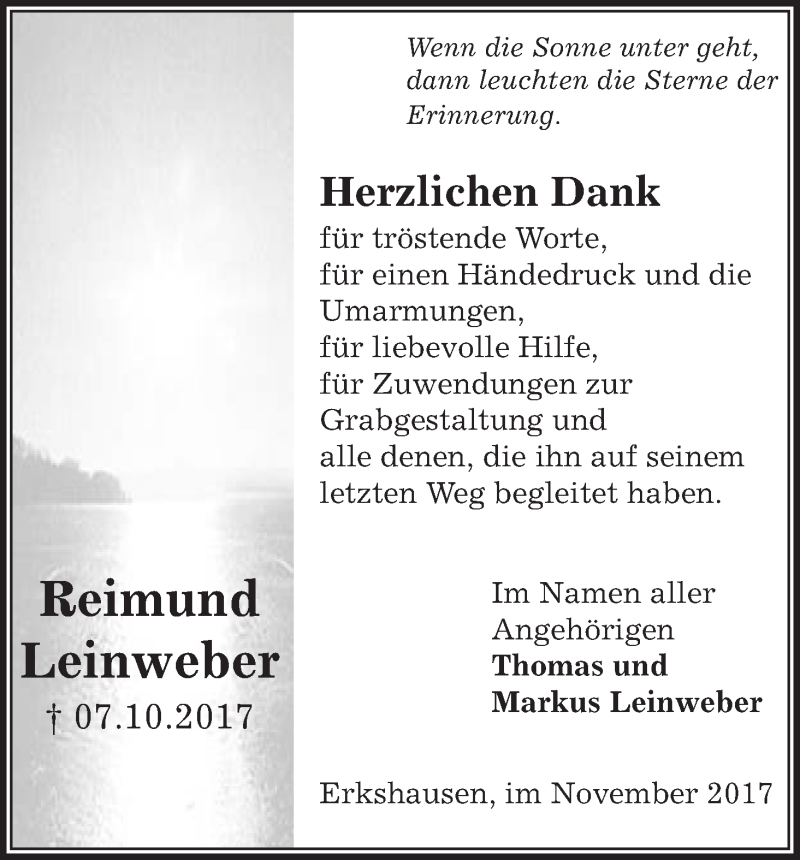  Traueranzeige für Reimund Leinweber vom 25.11.2017 aus etm