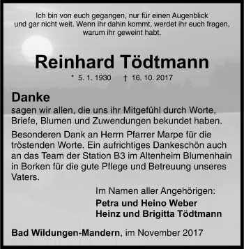 Traueranzeige von Reinhard Tödtmann von HNA