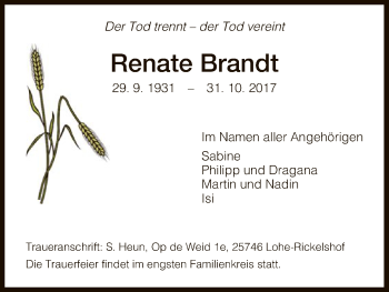 Traueranzeige von Renate Brandt von HNA