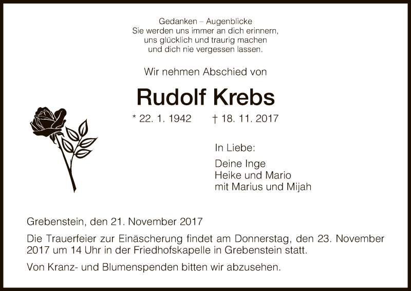 Traueranzeigen Von Rudolf Krebs | Trauer.HNA.de