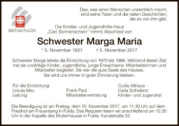 Traueranzeige von Schwester Marga Maria von HNA