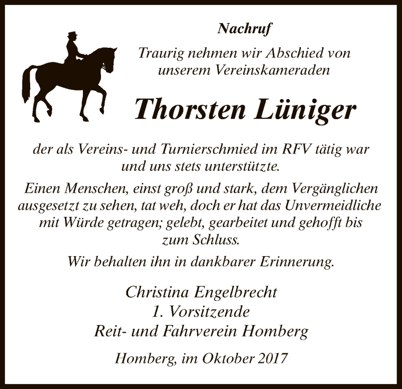  Traueranzeige für Thorsten Lüniger vom 31.10.2017 aus HNA
