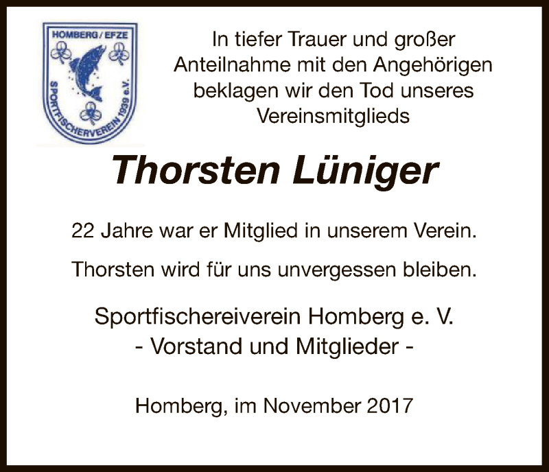  Traueranzeige für Thorsten Lüniger vom 02.11.2017 aus HNA