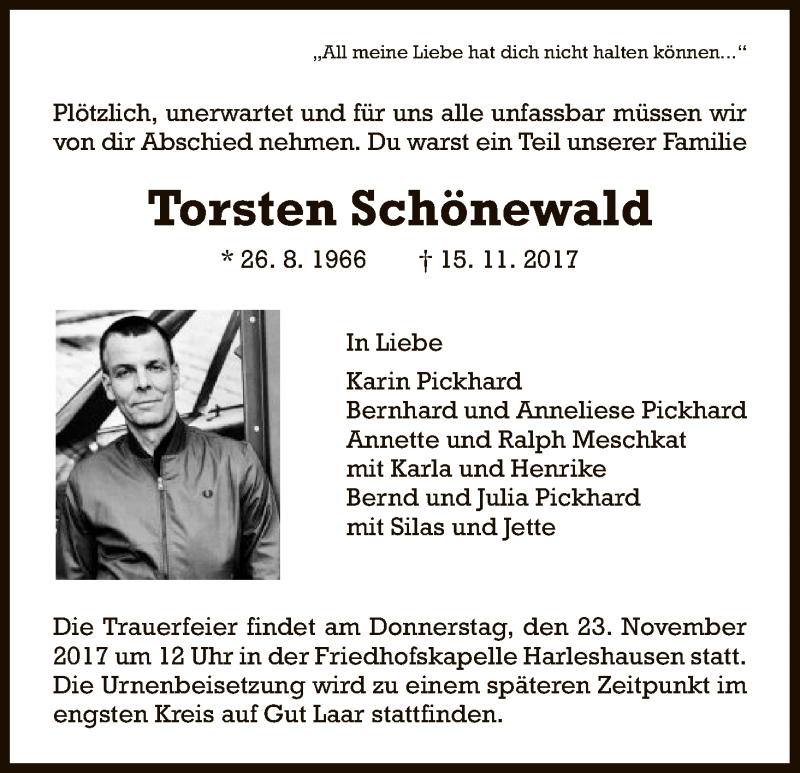  Traueranzeige für Torsten Schönewald vom 20.11.2017 aus HNA