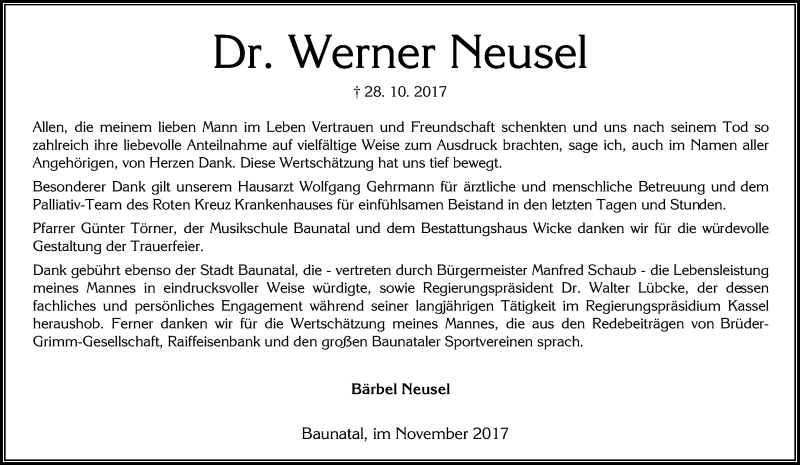  Traueranzeige für Werner Neusel vom 25.11.2017 aus HNA
