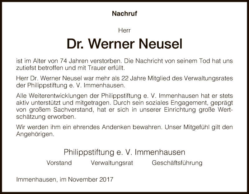  Traueranzeige für Werner Neusel vom 11.11.2017 aus HNA