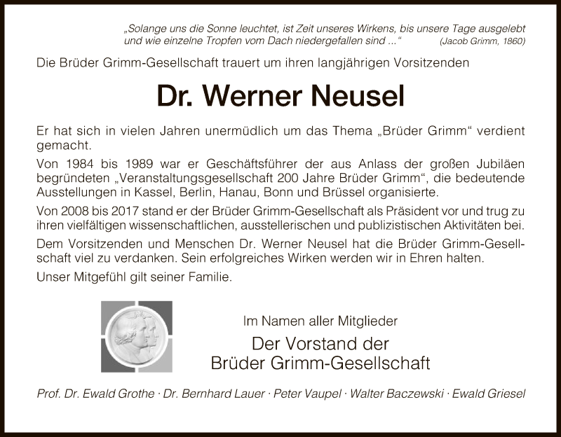  Traueranzeige für Werner Neusel vom 04.11.2017 aus HNA
