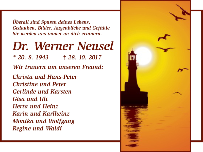  Traueranzeige für Werner Neusel vom 04.11.2017 aus HNA