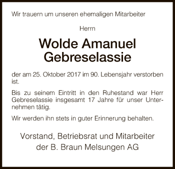 Traueranzeige von Wolde Amanuel Gebreselassie von HNA