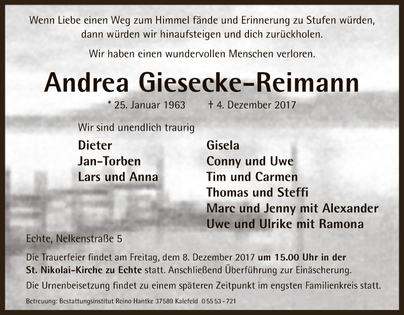  Traueranzeige für Andrea Giesecke-Reimann vom 06.12.2017 aus HNA