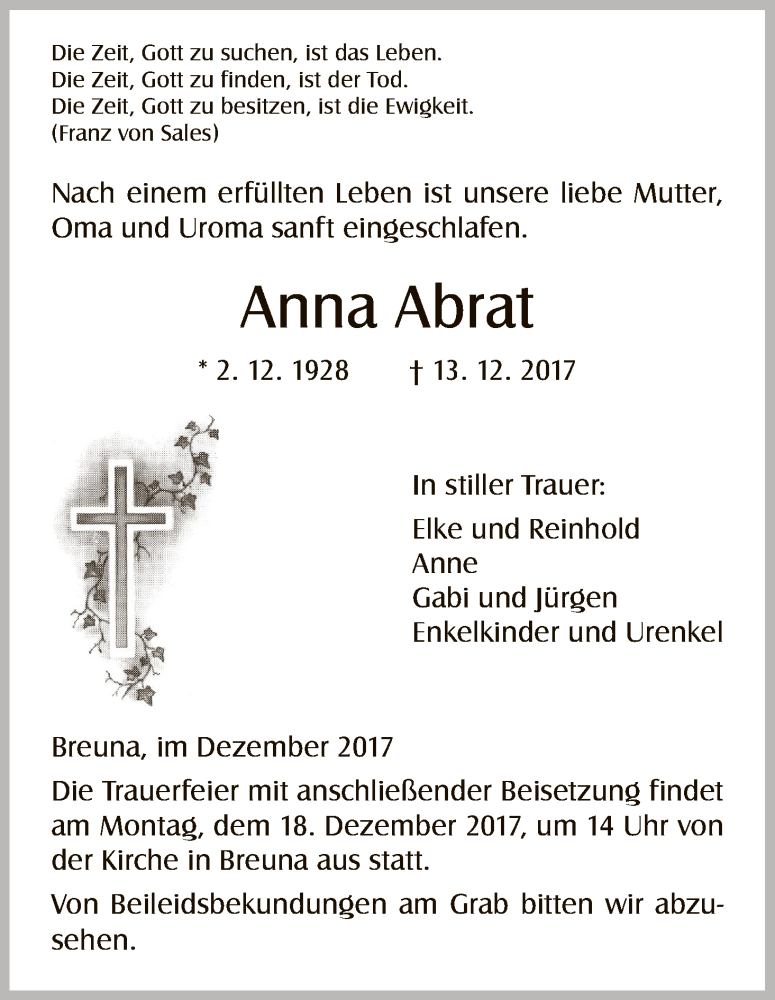  Traueranzeige für Anna Abrat vom 16.12.2017 aus HNA