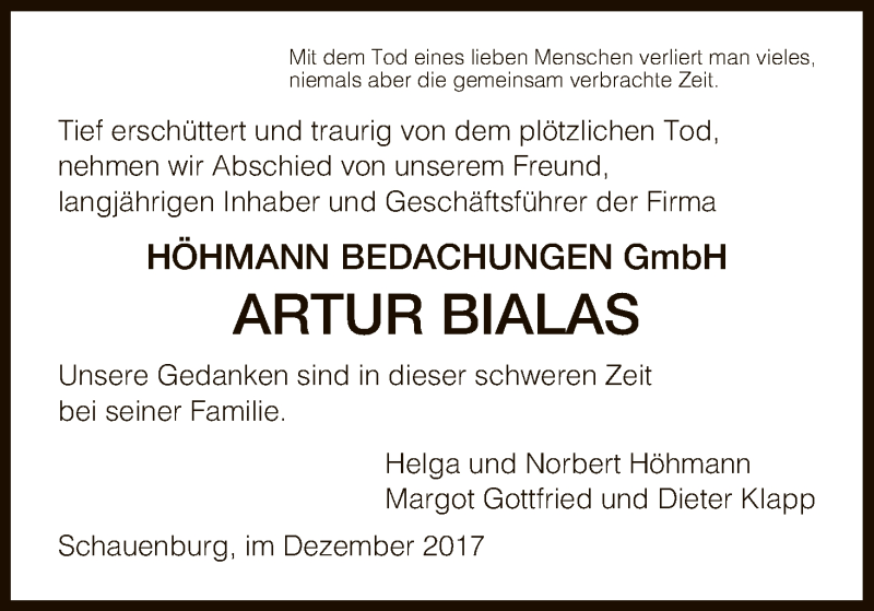  Traueranzeige für Artur Bialas vom 14.12.2017 aus HNA