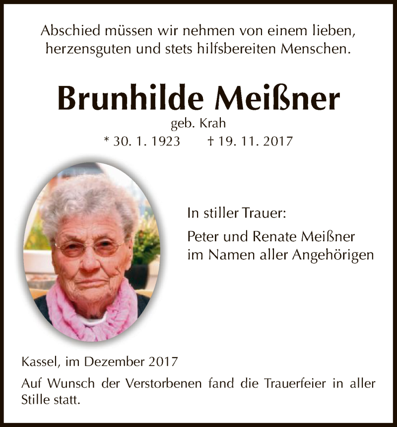  Traueranzeige für Brunhilde Meißner vom 02.12.2017 aus HNA