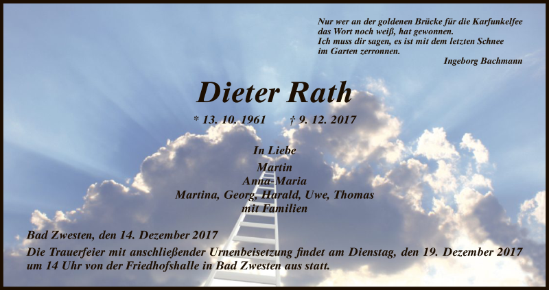  Traueranzeige für Dieter Rath vom 14.12.2017 aus HNA