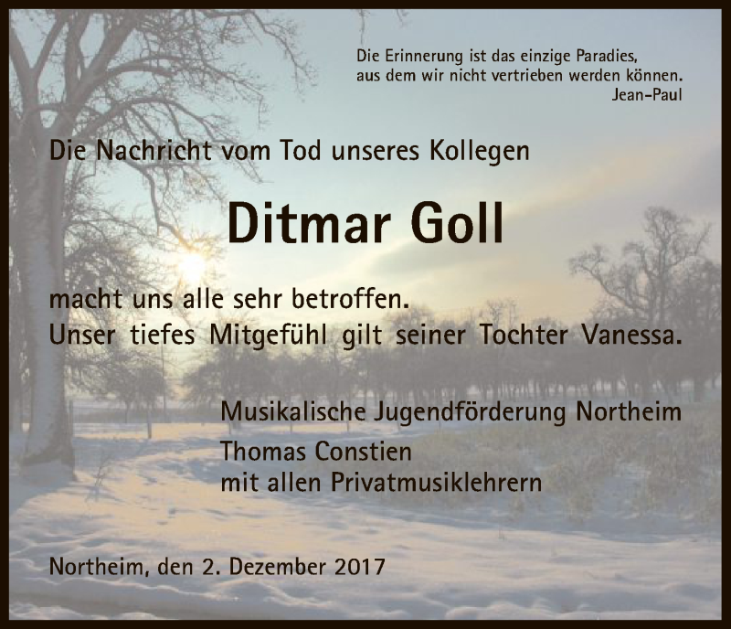  Traueranzeige für Ditmar Goll vom 02.12.2017 aus HNA