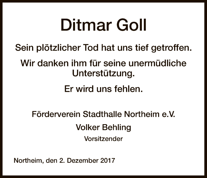  Traueranzeige für Ditmar Goll vom 02.12.2017 aus HNA
