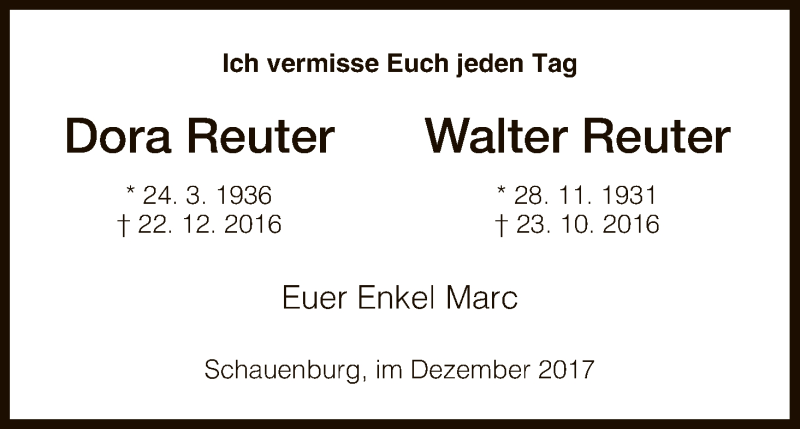  Traueranzeige für Dora und Walter Reuter vom 02.12.2017 aus HNA
