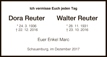 Traueranzeige von Dora und Walter Reuter von HNA
