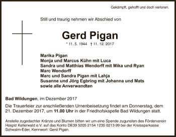 Traueranzeige von Gerd Pigan von HNA