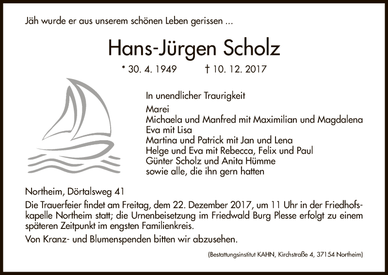  Traueranzeige für Hans-Jürgen Scholz vom 15.12.2017 aus HNA