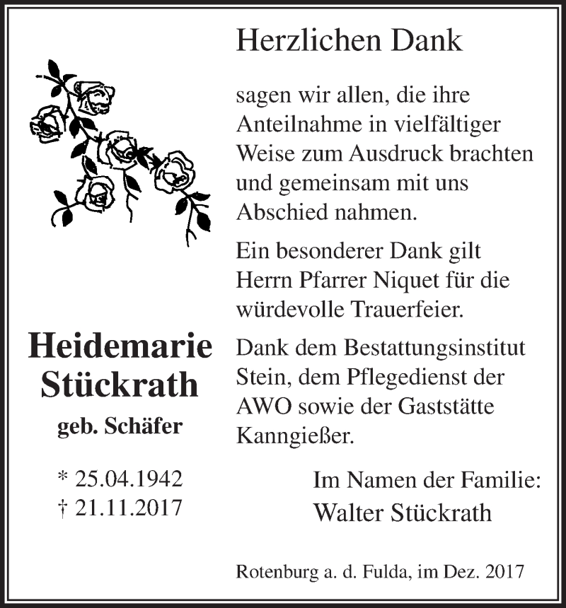  Traueranzeige für Heidemarie Stückrath vom 31.12.2017 aus etm
