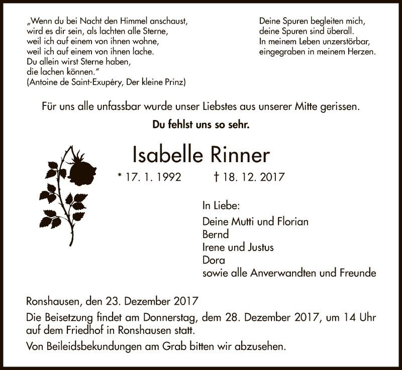  Traueranzeige für Isabelle Rinner vom 23.12.2017 aus HNA